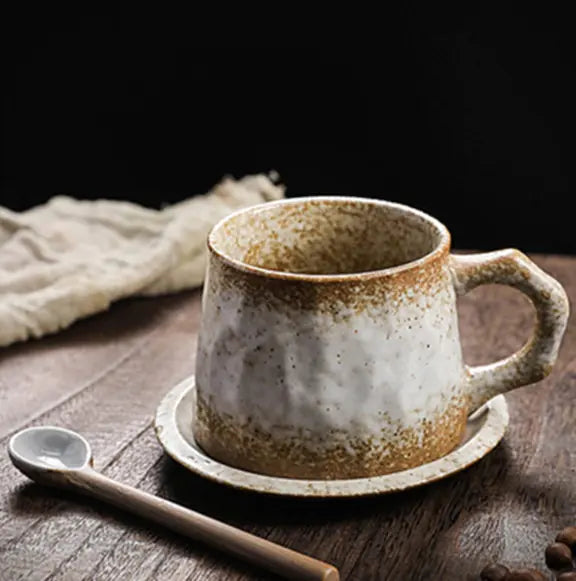 Japanese Vintage-Style Ceramic Coffee Cup and Saucer Set