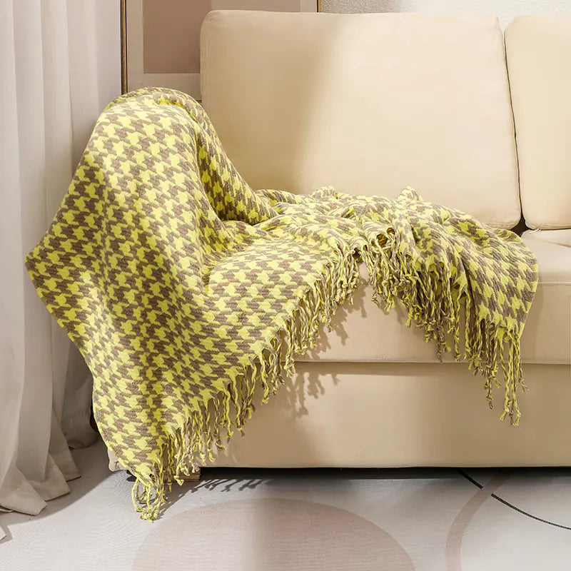Ins Style Houndstooth Throw Blanket with Fringe