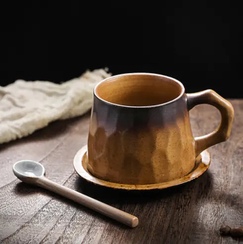 Japanese Vintage-Style Ceramic Coffee Cup and Saucer Set